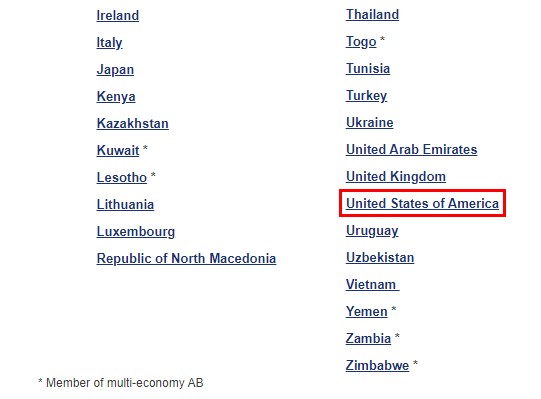 IAF 회원 국가 목록에서 “Unitied State of America” 선택